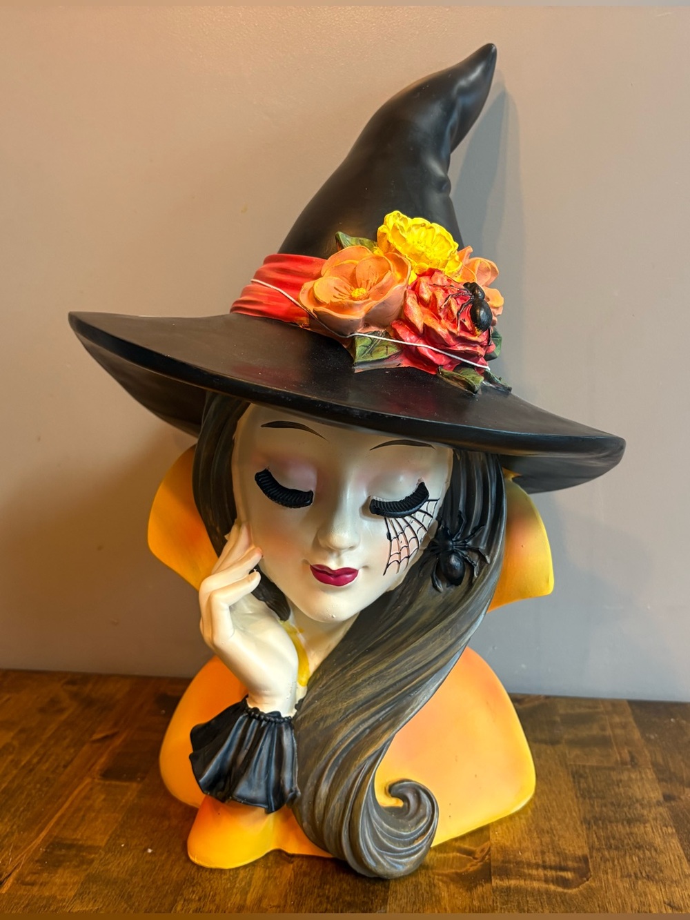 Bella Lux 17" Halloween Witch Bust Floral Hat Spider Orange